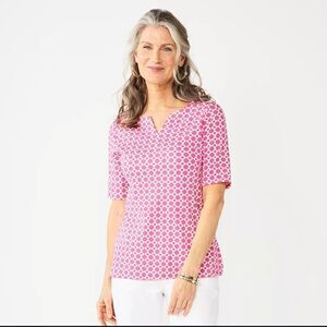 Croft & Barrow Elbow-Sleeve Splitneck Top Pink Cotton Blouse Plus Size XXL